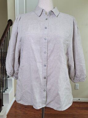 CHICO'S 100% Linen Top Beige Women L Button Up Shirt Ballon Sleeve Neutral Prepp